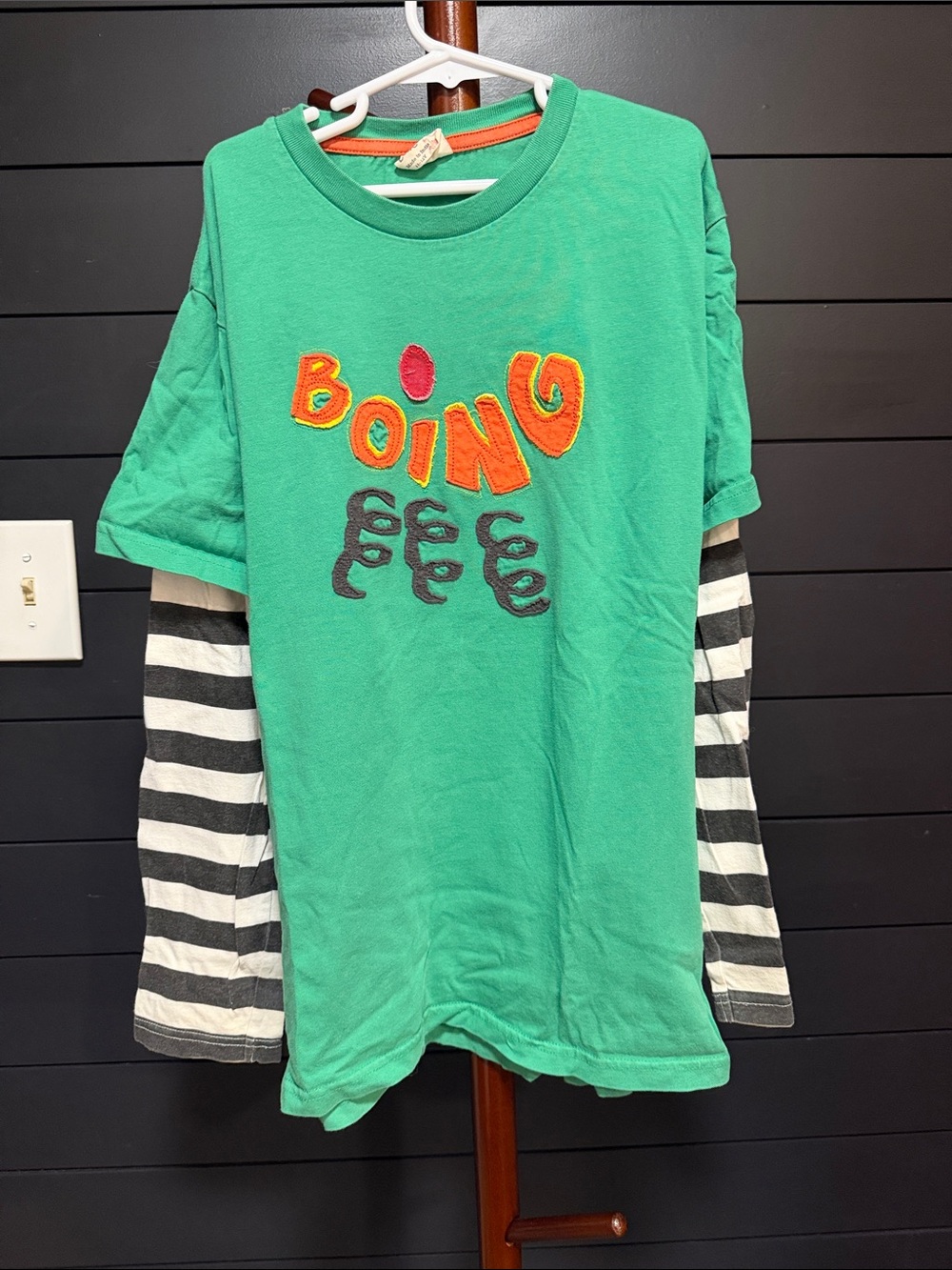 Kids Green 'Boing' Layered-Look Short Sleeve Tee with Striped Sleeves